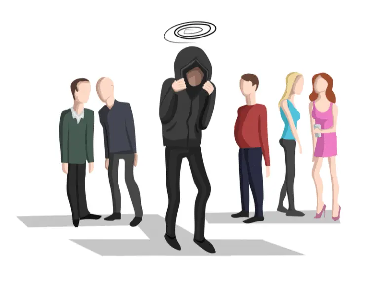 illustraion of embarrassed man with people looking at him