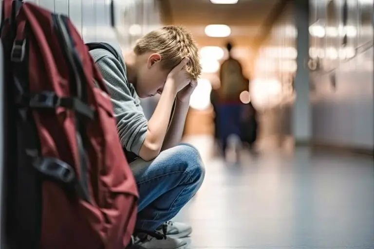 teenage boy sitting cross-legged on the floor of his high school hallway, his head in his hands, dealing with teenage depression.