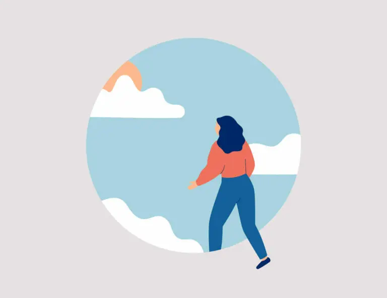 An animated woman walking out of her comfort zone to figure out how to be happy again