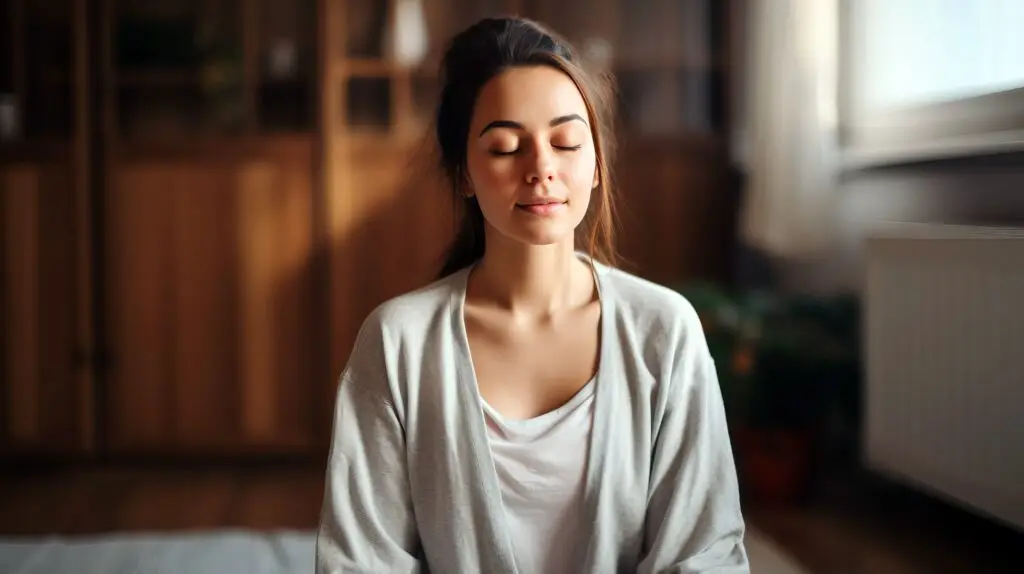 woman sitting in her bedroom on the floor, eyes closed, in comfortable, loose grey clothing, meditating to relieve her anxiety symptoms