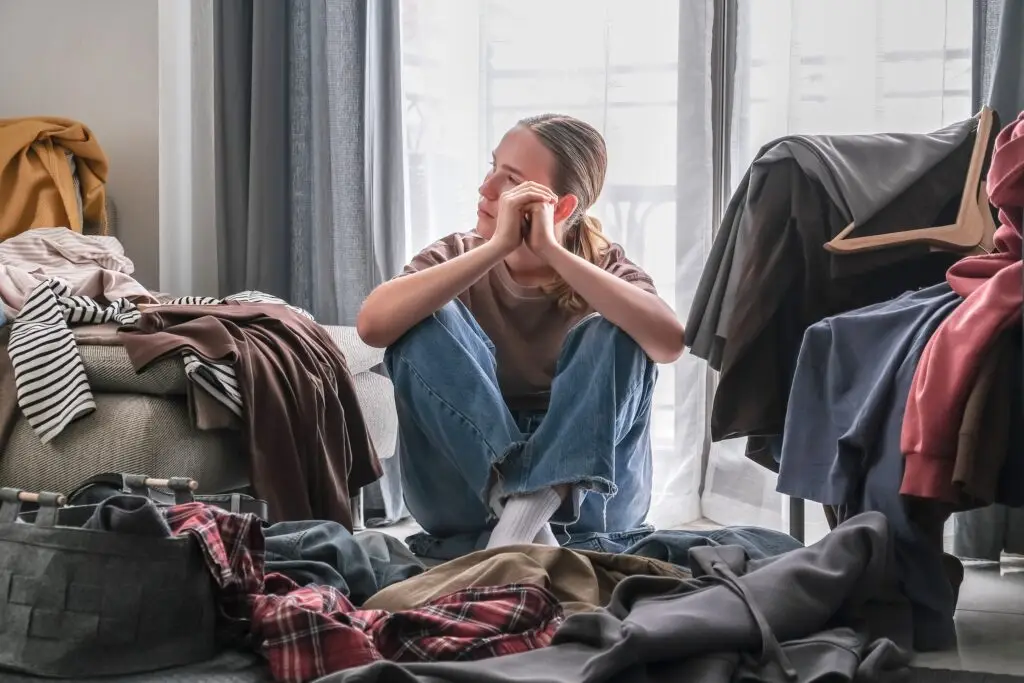 young woman sitting on her bedroom floor, looking at her clothes everywhere, overwhelmed and stressed because her adhd is stopping her from cleaning