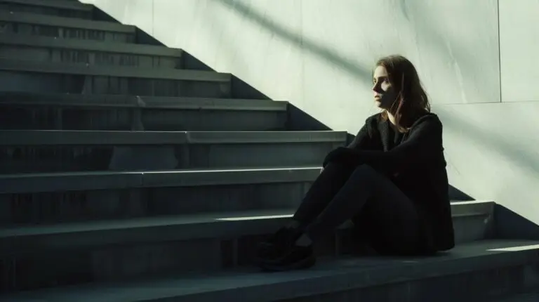 A woman contemplating her stress level on a long staircase as a member of the burnout generation