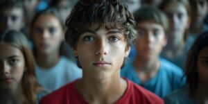 teenage boy looking forward as classmates stand behind him