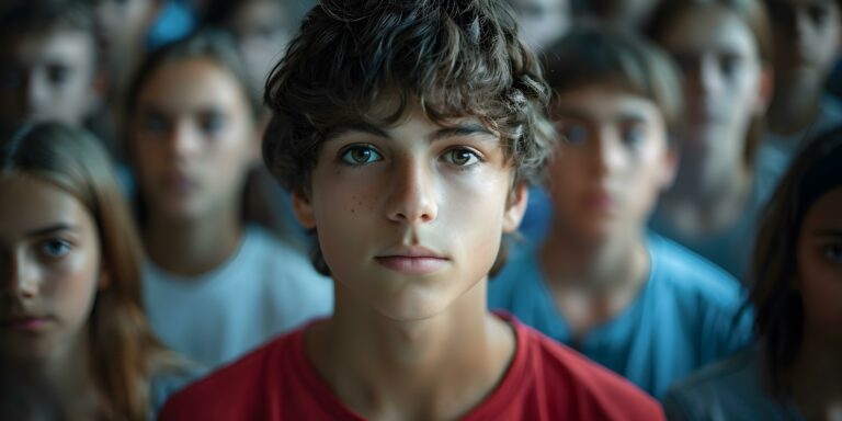 teenage boy looking forward as classmates stand behind him