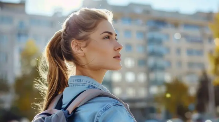 A young woman looking off into the distance in a city to reflect on becoming more resilient to life's challenges.