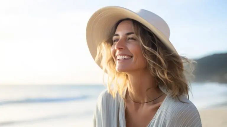 A woman walking along the beach in a large hat, happy to have improved her mental health.