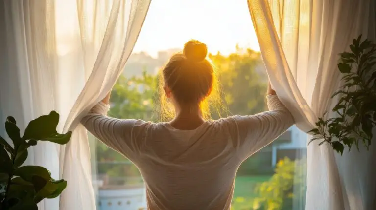 A young woman opening the curtains to see the morning sun.