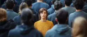 A young woman in the middle of a crowd walking the opposite direction as she is, so it is hard to get away from people to find her sense of safety.