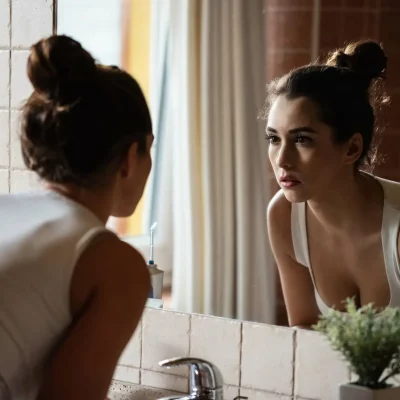 Young woman looking into the mirror as she tries to complete her hygiene routine, but is struggling to find the motivation.