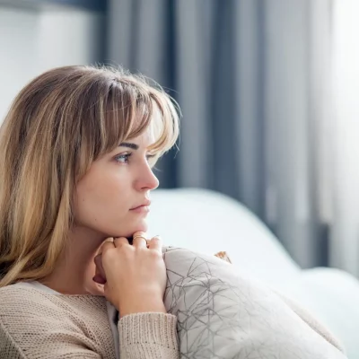 A woman comforting herself on a couch as she navigates cptsd or bpd symptoms.