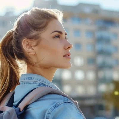 A young woman looking off into the distance in a city to reflect on becoming more resilient to life's challenges.