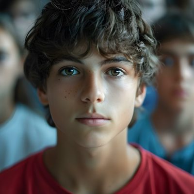 teenage boy looking forward as classmates stand behind him