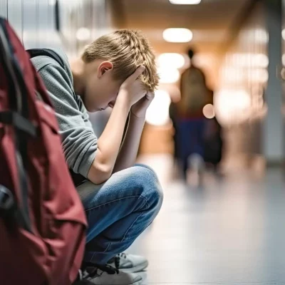 teenage boy sitting cross-legged on the floor of his high school hallway, his head in his hands, backpack sitting next to him while people walk past him, suffering strong emotions from his depression symptoms
