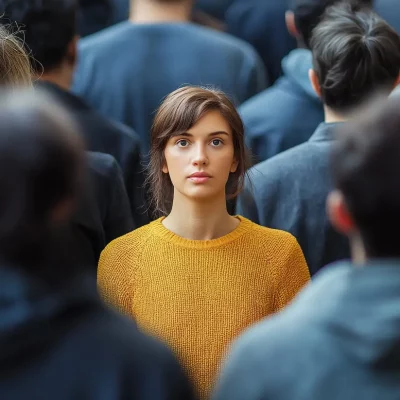 A young woman in the middle of a crowd walking the opposite direction as she is, so it is hard to get away from people to find her sense of safety.