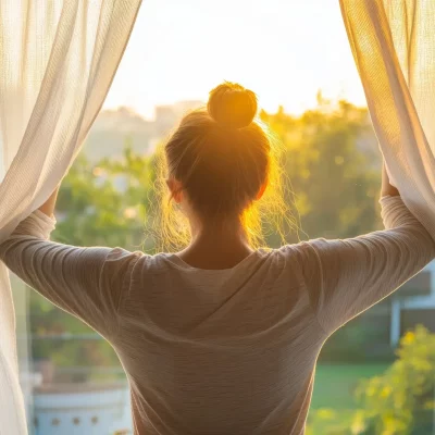 A young woman opening the curtains to see the morning sun.